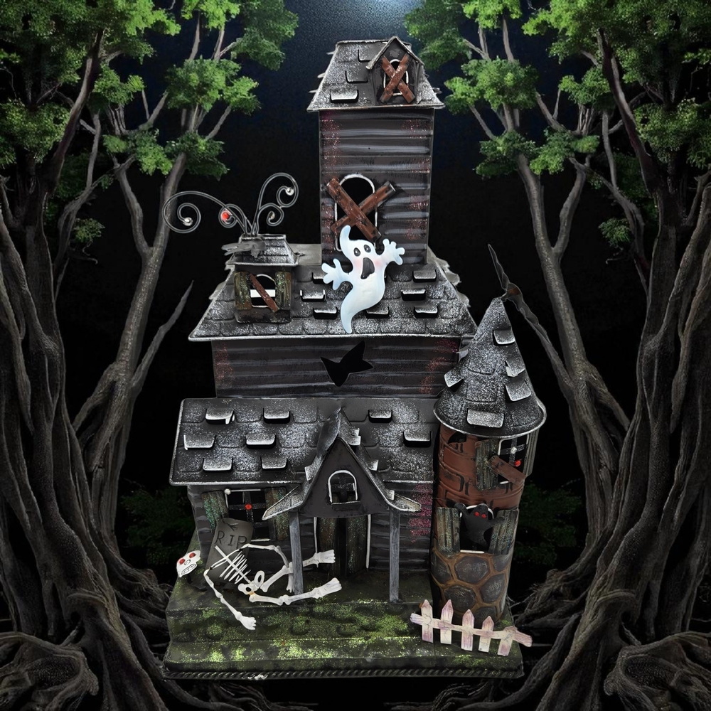 Moonlight Manor Metal Haunted House Castle Pillar Candle Holder Spooky Decor